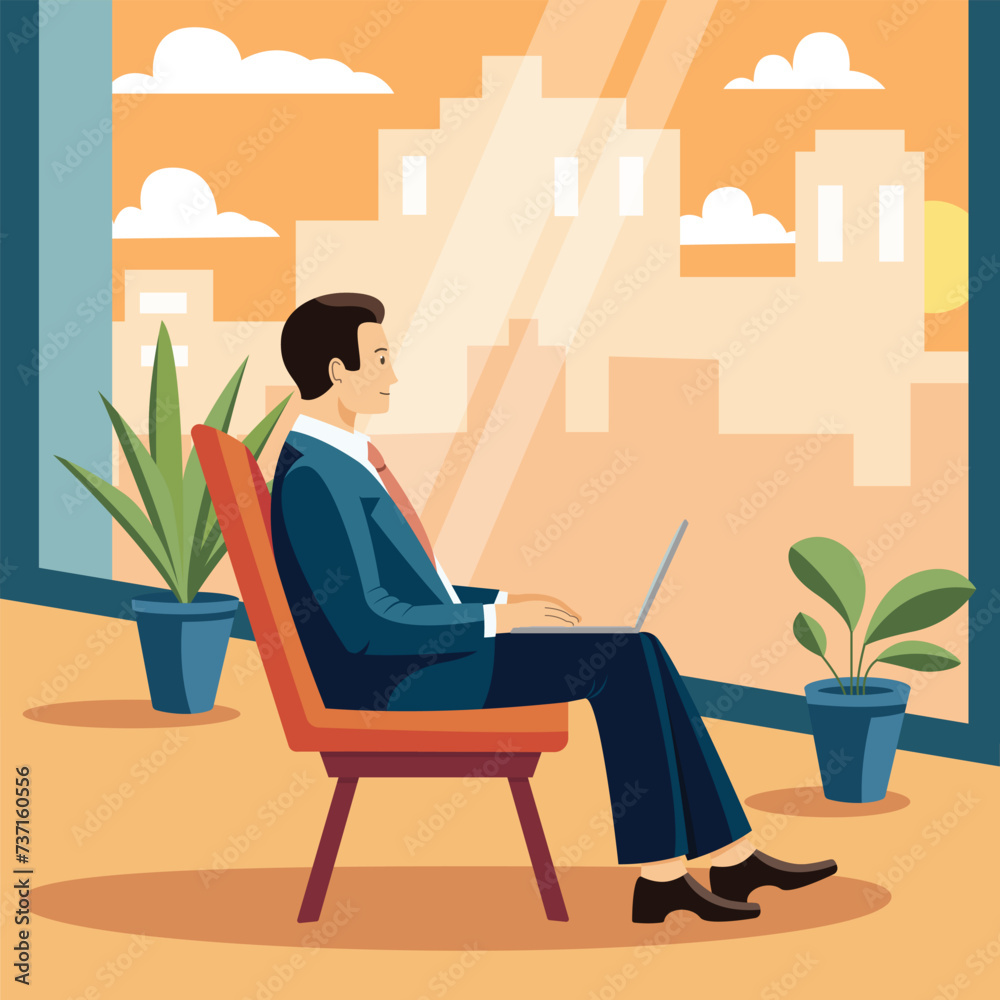 Businessman sitting on chair with laptop in hotel room looking through window on evening city. Working from hotel room. Booking hotel reservation concept vector flat illustration. Businessman sitting on chair with laptop in hotel room looking through window on evening city. Working from hotel room. Booking hotel reservation concept vector flat illustration.