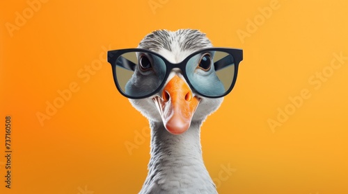 Creative animal concept. Goose bird in sunglass shade glasses isolated on solid pastel background, commercial, editorial advertisement, surreal surrealism © Usman
