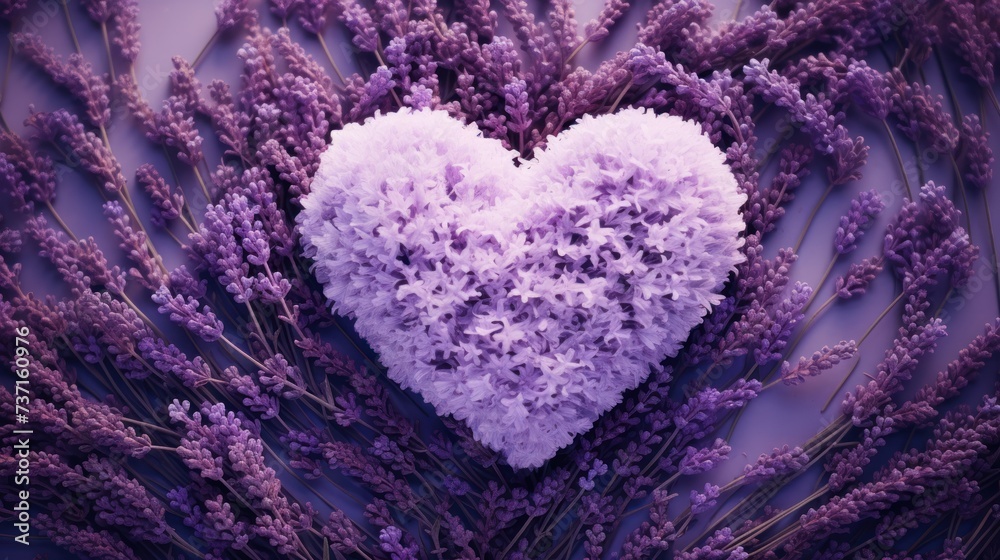 a close up of a heart shaped object in a field of lavender flowers with the background of a heart - shaped object in the center.