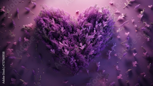 a heart - shaped arrangement of purple flowers on a purple background with butterflies flying around in the shape of a heart.