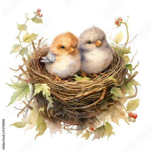 Birds in Nest Watercolor Clipart, Cute Bird Mom and Baby Illustration