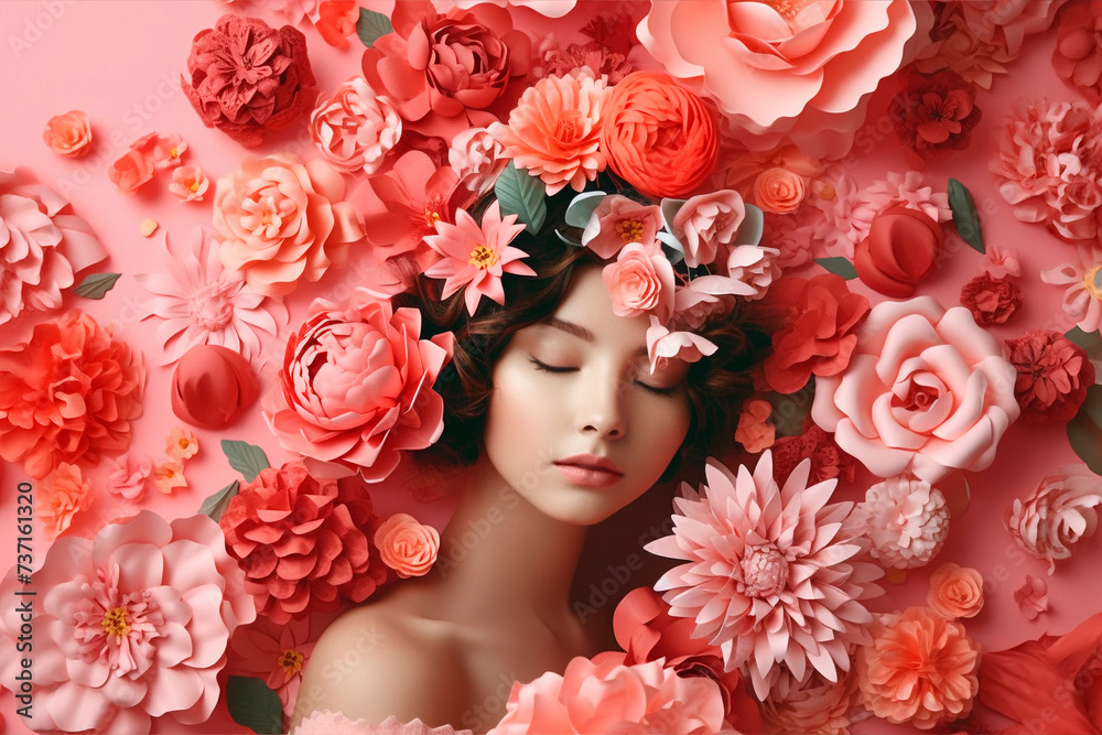 Girl with flowers on her head isolated on pink background in studio. March 8, International Women's Day concept. Floral arrangement. Creative hairstyle. generative AI