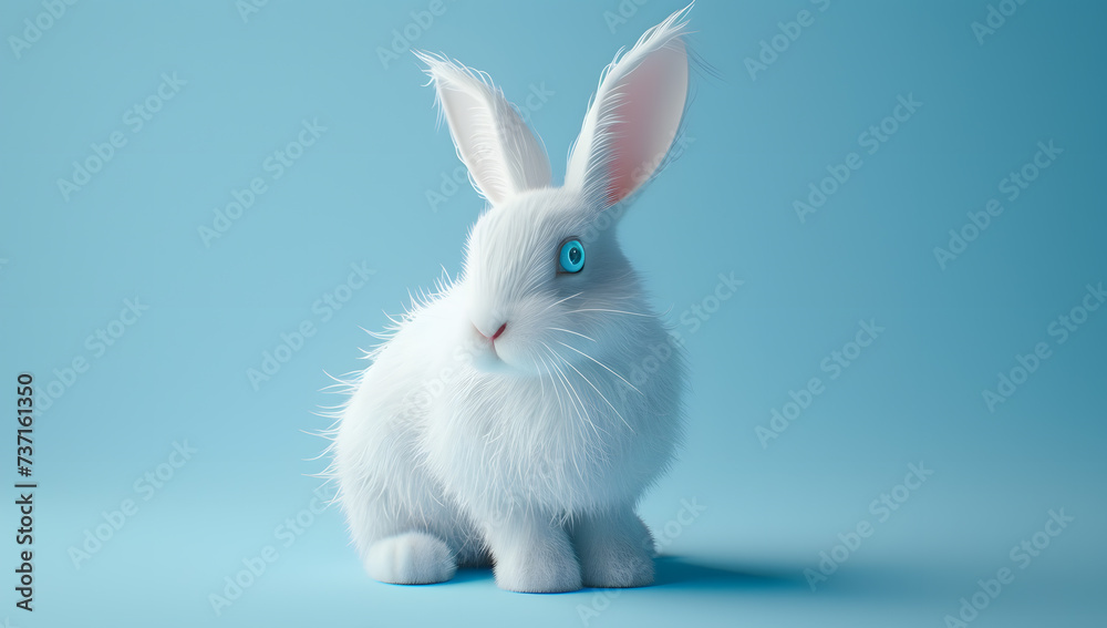 Cute cartoon Easter gray bunny isolated on blue background with copy space