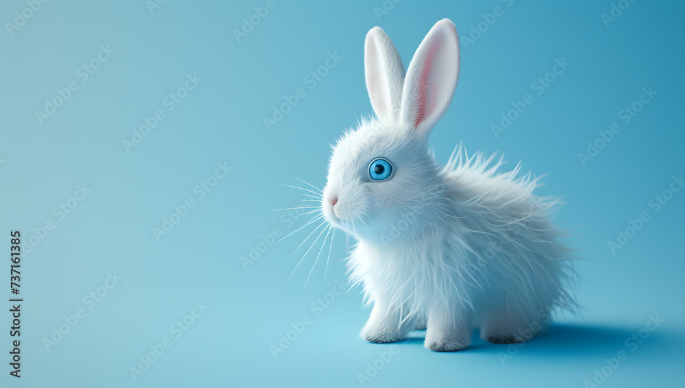 Cute cartoon Easter gray bunny isolated on blue background with copy space Cute cartoon Easter gray bunny isolated on blue background with copy space