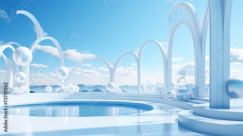 a 3d rendering of a futuristic landscape with a pool and arches in the foreground and clouds in the background.