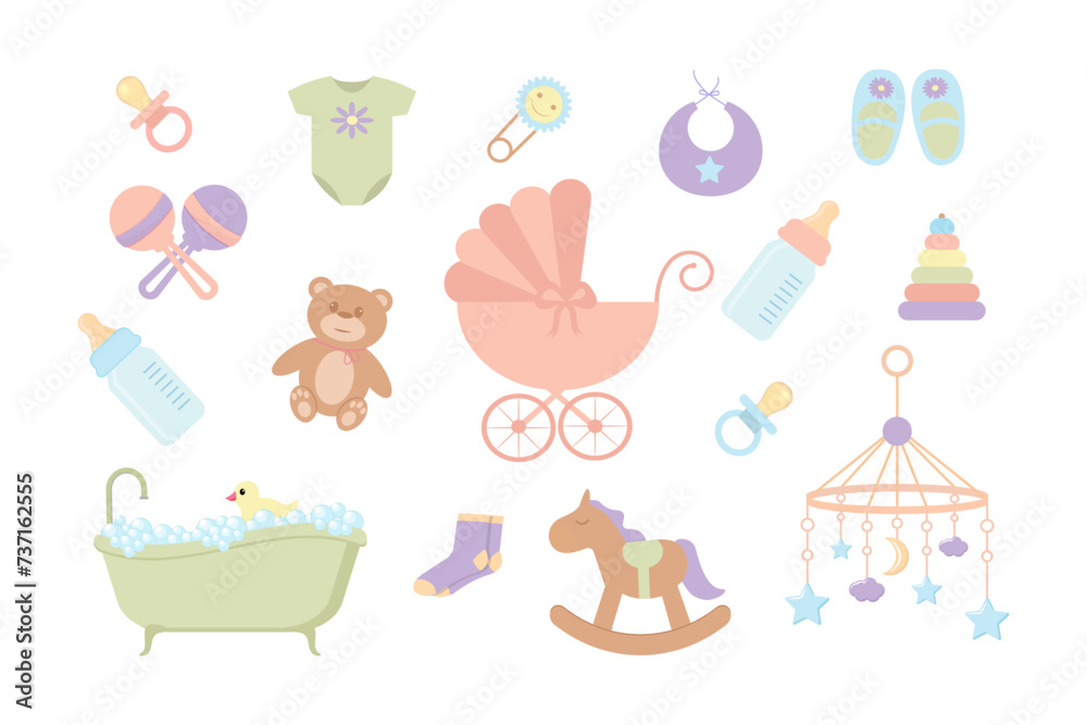 Set of cute baby and baby items icons. Vector illustration