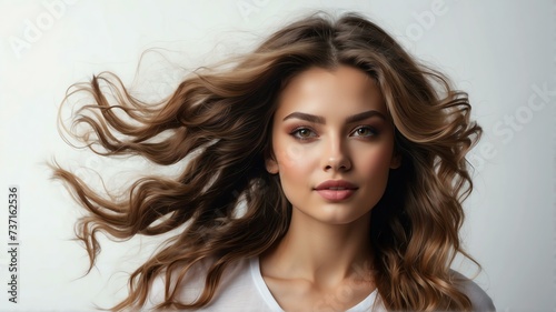 Young woman with voluminous, shiny and long wavyflying hairstyle on plain white background from Generative AI
