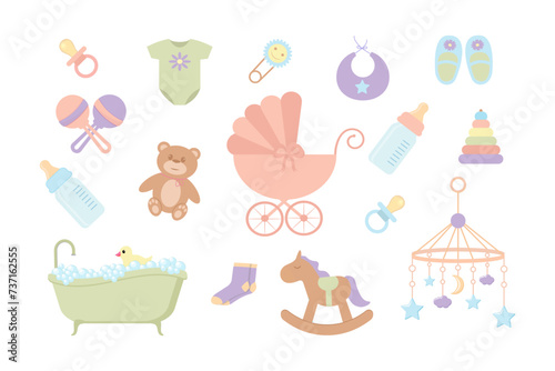 Obraz na płótnie Set of cute baby and baby items icons. Vector illustration w salonie
