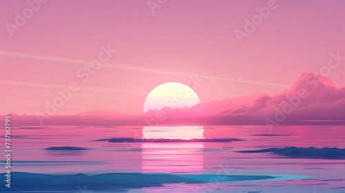 Purple pink sunset over the sea, ocean waves and clouds, Generative AI