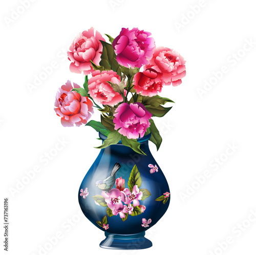 Bouquet of pink peonies in blue ceramic vase