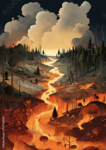 Painting of a Fire in the Middle of a Forest