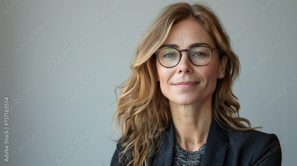 Happy laughing female office worker wearing glasses looking away at copy space advertising job opportunities or good business services, Young happy cheerful professional business woman. generative ai