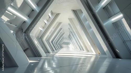 Empty Long Light Corridor - Modern White Background
