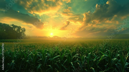 A Corn Field with a Radiant Sunset and Clouds