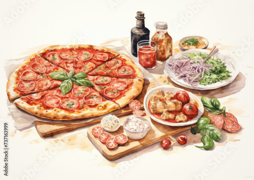 Watercolor Painting of a Pizza, Salad, and Condiments