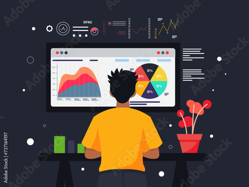Data scientist working standing at his desk, Data science concept flat design illustration