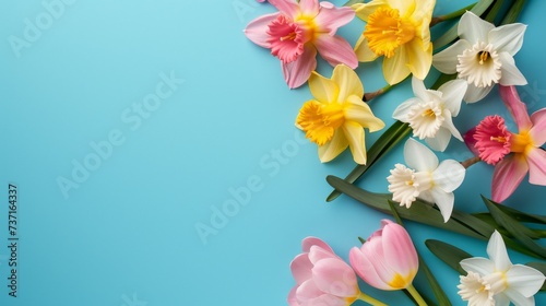 Pink Daffodils Tulips with Blue Table Top Background in the Style of Bright Light Gray and Azure created with Generative AI Technology © Generative Plants