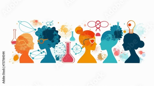 Illustration of the International Day of Women and Girls in Science. Set of science icons. Illustration of silhouette profile of woman.