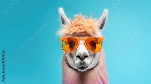 Creative animal concept. Llama in sunglass shade glasses isolated on solid pastel background, commercial, editorial advertisement, surreal surrealism © Usman