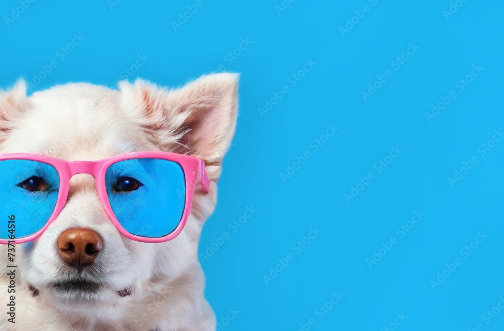 Blue banner with a dog in glasses. White dog with pink glasses. Beautiful white dog close-up on a blue background.