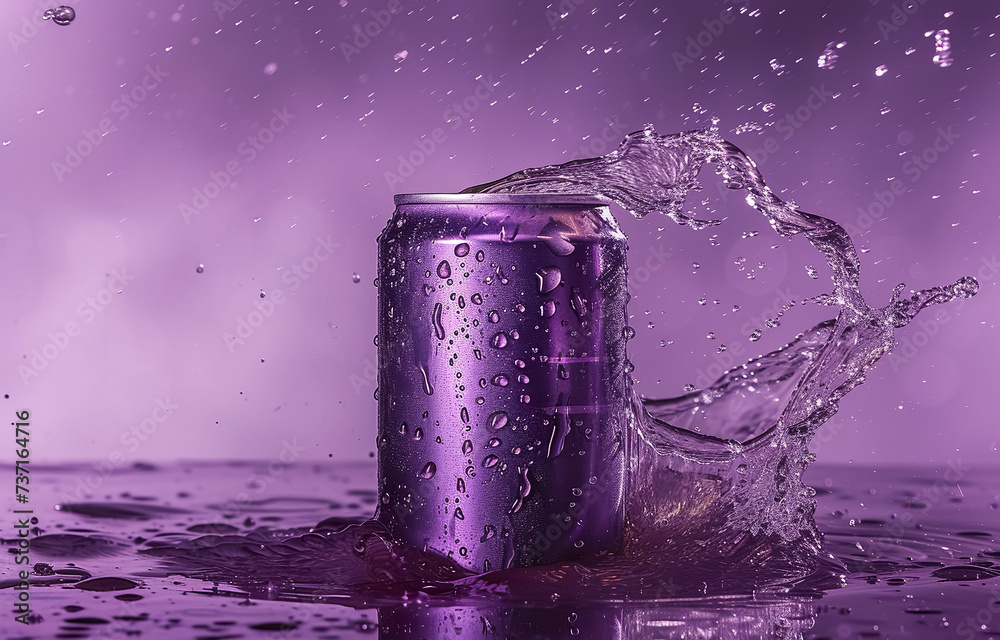 cold colorful metallic soda can in splashing water and with drops of condensate, fresh drink in liquid, advertising mock-up cold colorful metallic soda can in splashing water and with drops of condensate, fresh drink in liquid, advertising mock-up