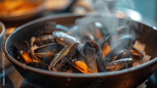a pan filled with mussels sitting on top of a stove top next to a bowl of broth. photo