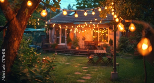 a backyard with string lights is lit up at night