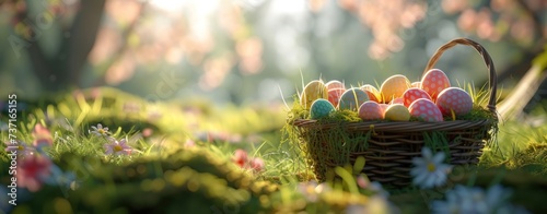 easter egg basket colorful with eggs and grass, sunrays shine upon it,