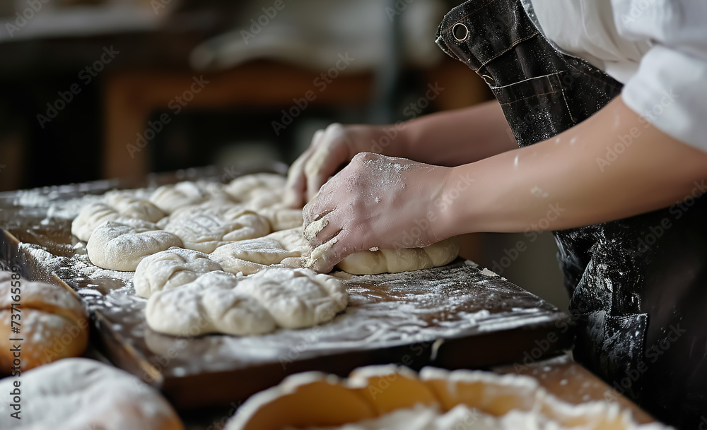 person preparing bread or buns in bakery closeup, chef making baked pastry at kitchen