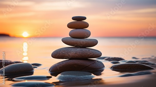 balance stack of zen stones on beach during an emotional and peaceful sunset  golden hour on the beach