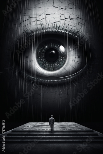Big eye that sees everything, black vintage 3d visual art, big brother sees everything.