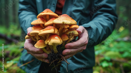 man picking mushroom in autumn forest, wild fungus harvesting at nature photo