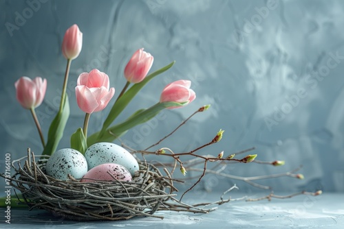easter eggs, tulips and tree in nest on grey concrete background #737166100