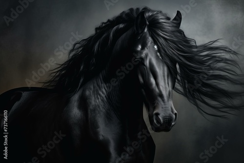 Majestic Black horse portrait. Animal studio beauty. Generate Ai photo