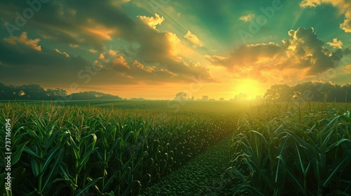 A Corn Field with a Inspiring Sunset and Clouds