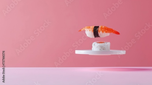 a piece of sushi on a plate with chopsticks in the shape of a bird on top of it. photo