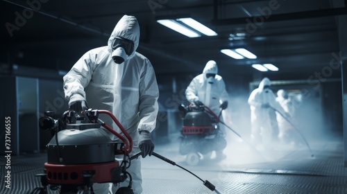 Specialists wearing white protective suits spray and disinfect the surfaces of public places with special means and equipment. Sanitation, prevention and control of viral epidemics and insect pests. © liliyabatyrova