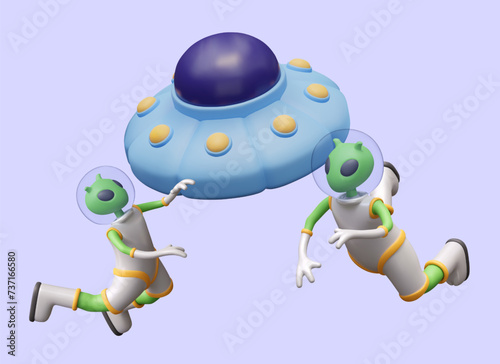 Aliens float in weightlessness near UFO. Green humanoids in outer space near flying saucer