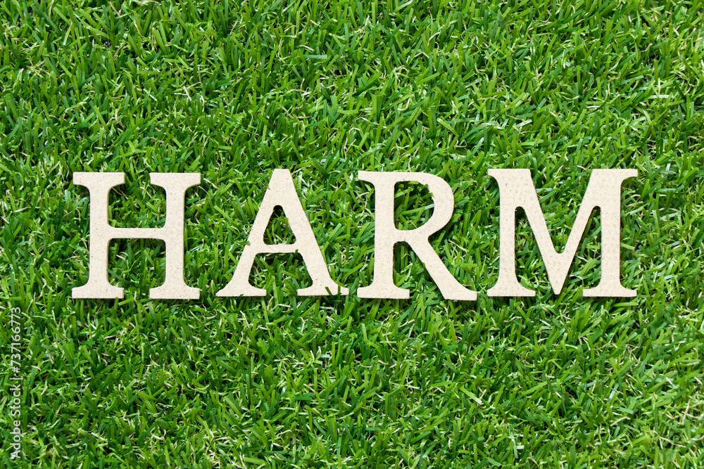 Wood letter in word harm on green grass background