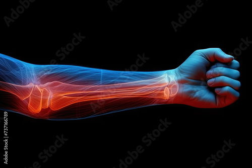 Bone fracture and inflammation, broken arm, diseases of the joint, pain in the hand on a black background, health problems concept