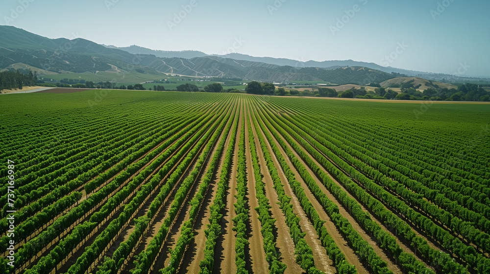 Symmetrical rows of grapevines stretch across a sunlit field, with rolling hills and trees in the background..