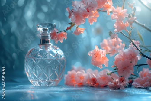 a bottle filled with perfume and flowers arranged on a blue background