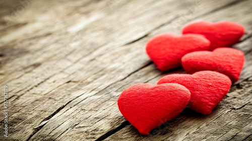 cute little fabric hearts in red lie on a rustic wooden table.