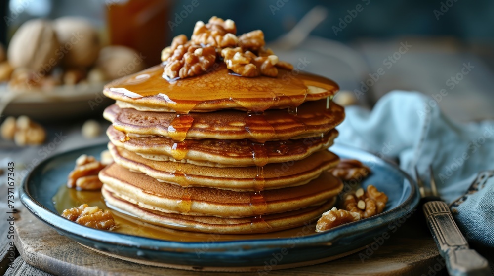 a stack of pancakes sitting on top of a blue plate next to a plate of walnuts and a fork.