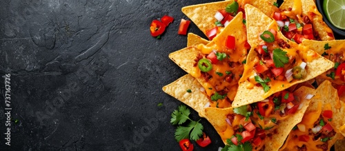 A stack of triangleshaped nachos topped with salsa and fresh cilantro, placed on a sleek black table. This popular comfort food is a staple in fast food cuisine
