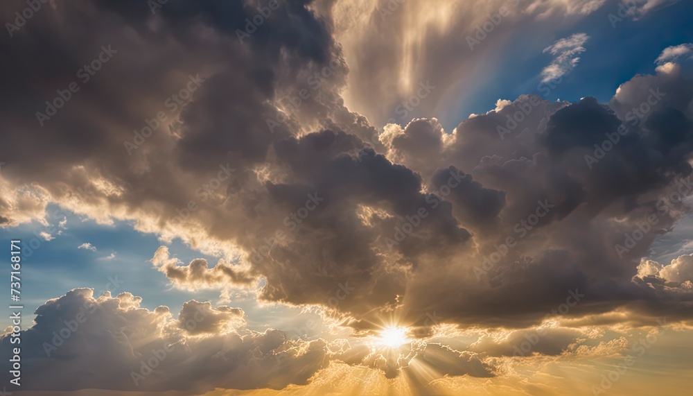 Fototapeta premium sun rays through the clouds, sunset, golden hour, blue sky with clouds, clouds in the sky, panoramic view of clouds, cloud background
