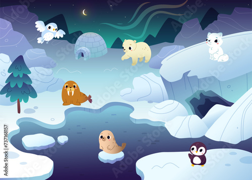 Cartoon arctic night landscape with cute baby animals. Northern vector background with funny animals.