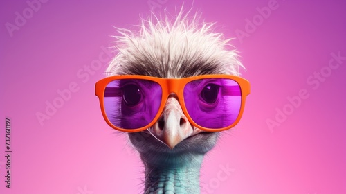Creative animal concept. Ostrich bird in sunglass shade glasses isolated on solid pastel background, commercial, editorial advertisement, surreal surrealism © Usman