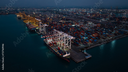 commercial port loading and unloading cargo from container ship import and export by crane for distributing goods by trailers transported to customers and dealers