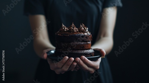 a woman holding a plate with a chocolate cake on it and a slice taken out of one of the cakes.